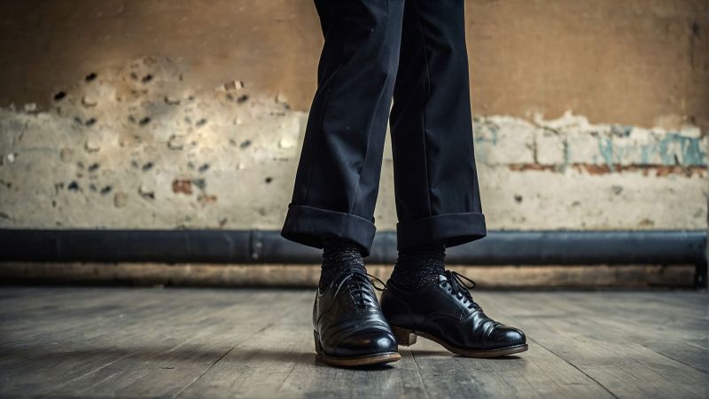 Person tap dancing on hardwood floor