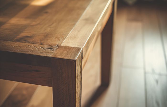 close-up view of a beautifully crafted wooden table, showcasing the rich textures and warm tones of the wood grain