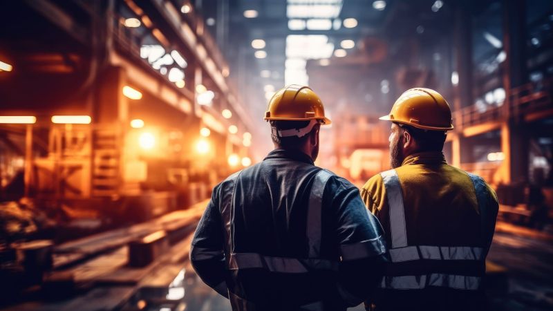 Engineers in fully safety gear watching a production line run