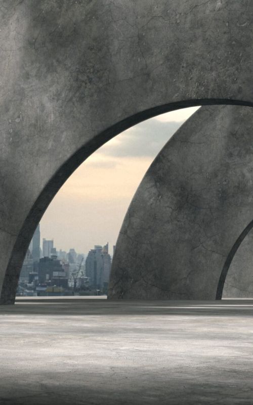 Large concrete arches covering a open-plan social walking area
